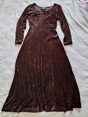 Vintage Karen Kane Chocolate Brown Crushed Velvet Maxi Dress Made in USA Size S